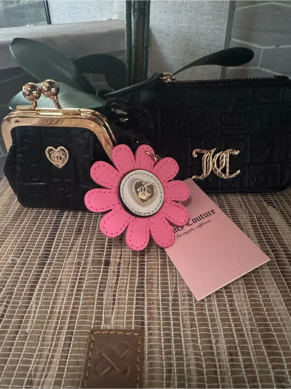 3 Piece Juicy Couture Card Case Coin Pouch & Pink Flower Charm for Bag or Keys